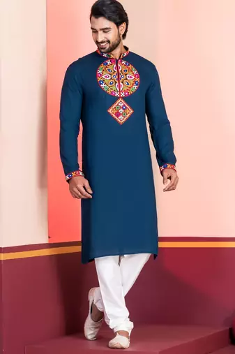 Blue Faux Rayon Embroidered navratri collection kurta set