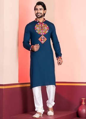 Blue Faux Rayon Embroidered navratri collection kurta set 3