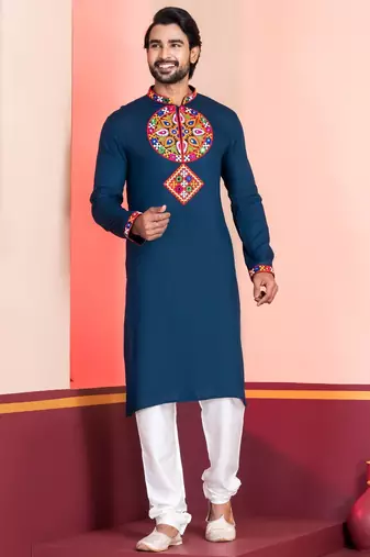 Blue Faux Rayon Embroidered navratri collection kurta set