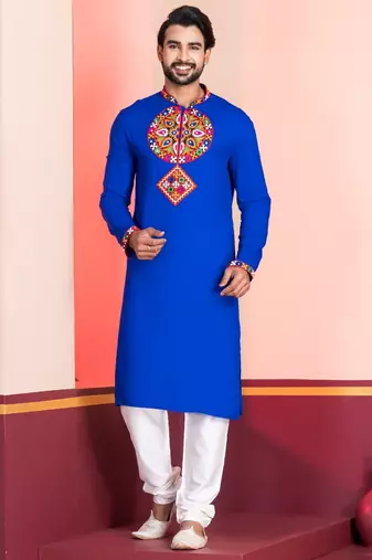 Blue Faux Rayon Embroidered navratri collection kurta set