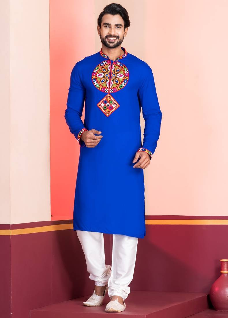 Blue Faux Rayon Embroidered navratri collection kurta set