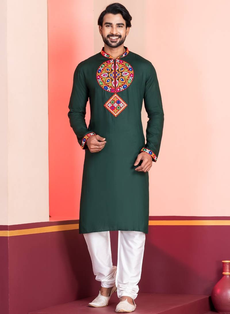Green Faux Rayon Embroidered navratri collection kurta set