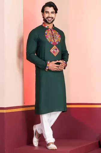 Green Faux Rayon Embroidered navratri collection kurta set
