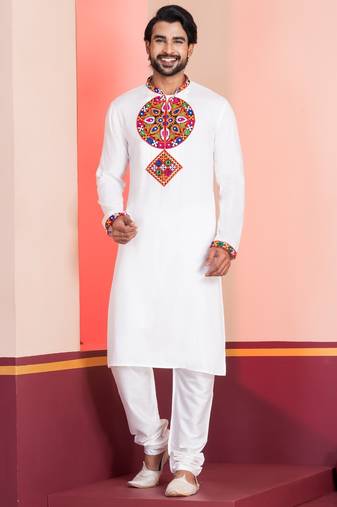 White Faux Rayon Embroidered navratri collection kurta set