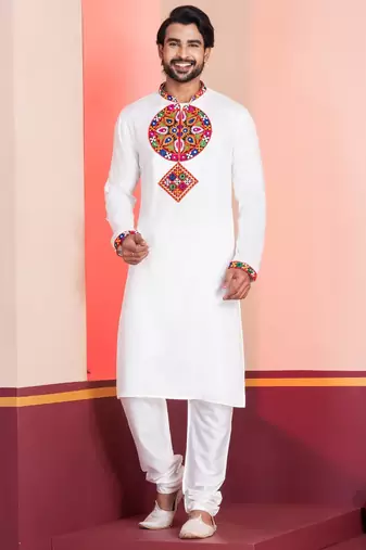White Faux Rayon Embroidered navratri collection kurta set
