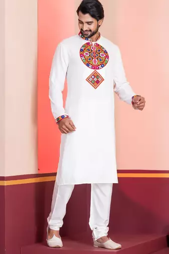 White Faux Rayon Embroidered navratri collection kurta set
