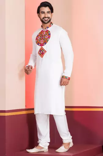 White Faux Rayon Embroidered navratri collection kurta set