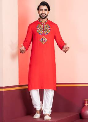 Red Faux Rayon Embroidered navratri collection kurta set 1