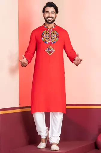 Red Faux Rayon Embroidered navratri collection kurta set