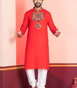 Red Faux Rayon Embroidered navratri collection kurta set