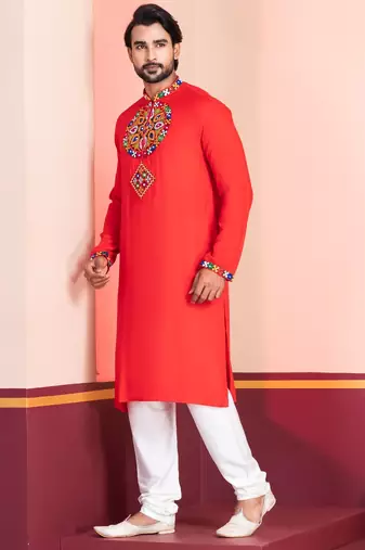 Red Faux Rayon Embroidered navratri collection kurta set