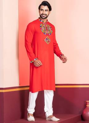 Red Faux Rayon Embroidered navratri collection kurta set 3