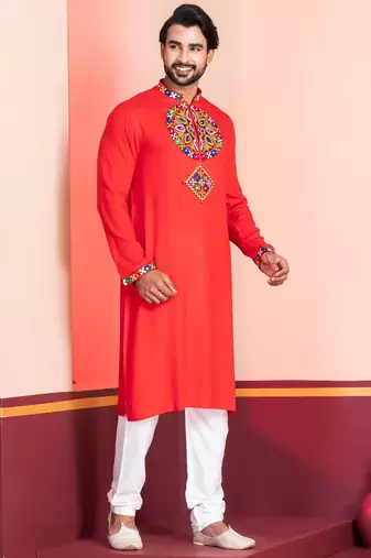 Red Faux Rayon Embroidered navratri collection kurta set