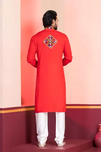Red Faux Rayon Embroidered navratri collection kurta set