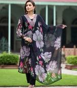  Women's Georgette Blend Floral Straight Printed Kurta Pant With Dupatta | kurta sets for woman