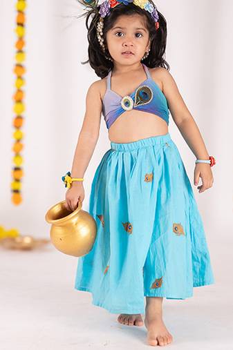 Blue embroidered cotton lehenga