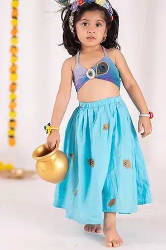 Blue embroidered cotton lehenga
