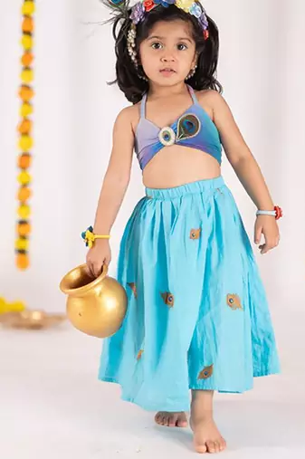 Blue embroidered cotton lehenga