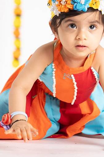 Multicoloured embroidered cotton lehenga