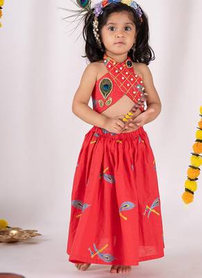 Red embroidered cotton lehenga 1