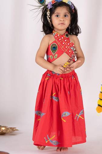 Red embroidered cotton lehenga