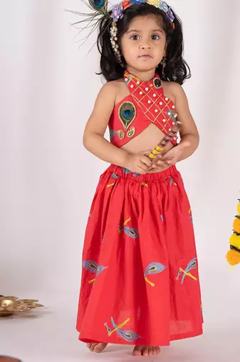 Red embroidered cotton lehenga