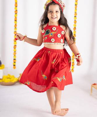 Red embroidered cotton lehenga 2