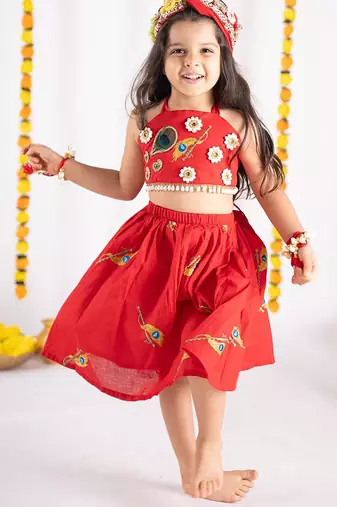 Red embroidered cotton lehenga