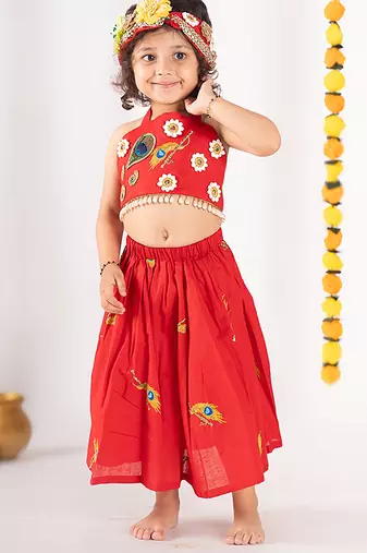 Red embroidered cotton lehenga