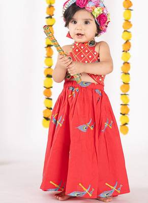 Red embroidered cotton lehenga 4