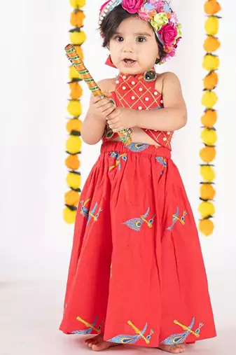 Red embroidered cotton lehenga