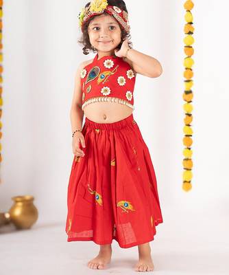 Red embroidered cotton lehenga 5