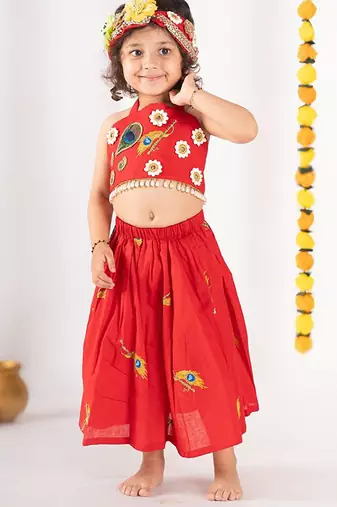 Red embroidered cotton lehenga