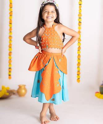 Orange embroidered cotton lehenga 1