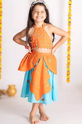 Orange embroidered cotton lehenga