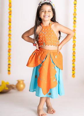 Orange embroidered cotton lehenga 4