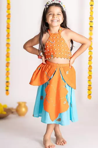 Orange embroidered cotton lehenga