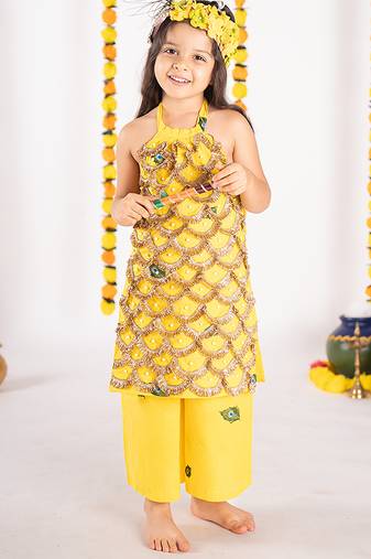 Yellow embroidered cotton kurta set