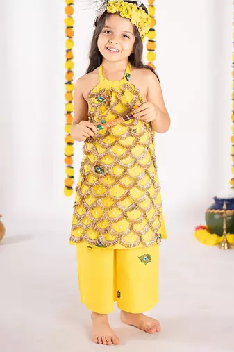 Yellow embroidered cotton kurta set