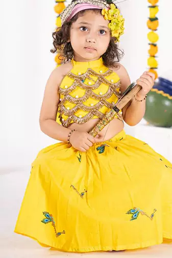 Yellow embroidered cotton kurta set