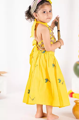 Yellow embroidered cotton kurta set