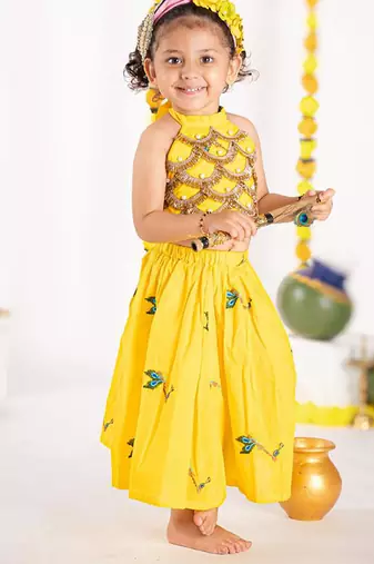 Yellow embroidered cotton kurta set