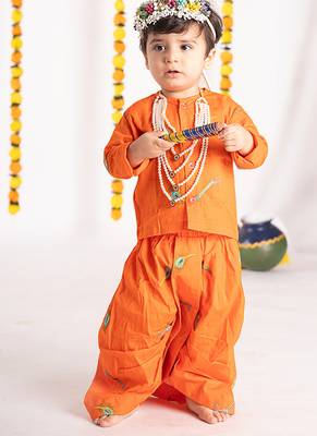 Orange plain cotton dhoti kurta set 1