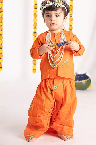 Orange plain cotton dhoti kurta set