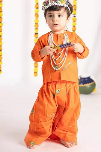 Orange plain cotton dhoti kurta set