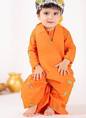 Orange plain cotton dhoti kurta set 3