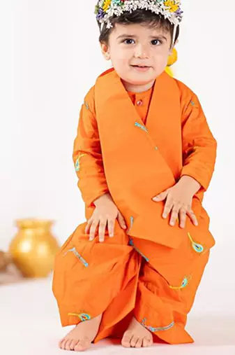Orange plain cotton dhoti kurta set
