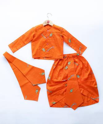 Orange plain cotton dhoti kurta set 4