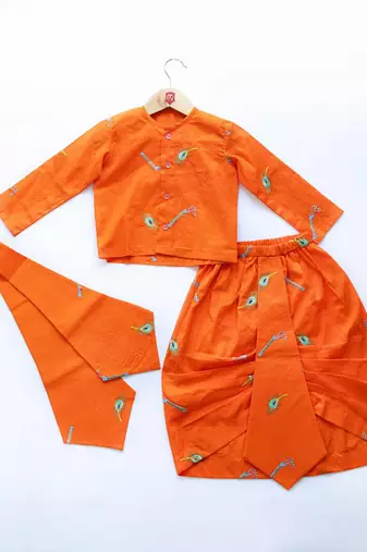 Orange plain cotton dhoti kurta set