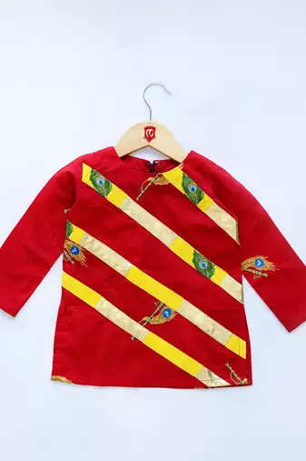 Red & yellow embroidered cotton dhoti kurta set